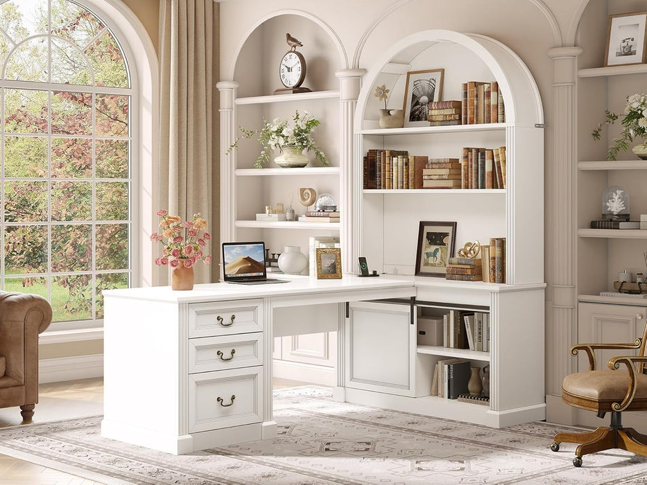 67" L Shaped Desk with Tall Arched Bookshelf, Mid-Century Office Computer Desk with 3 Drawers and Storage Shelves, Corner Executive Desk with Sliding Barn Door for Home Office, White