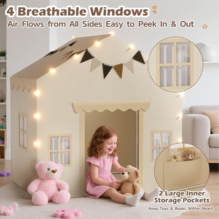 2-In-1 Kids Tent,Large Play Tent with Padded Mat and Lights,Kids Playhouse with 2 Doors & 4 Windows,2 Large Side Pockets,Indoor Outdoor Kid Play Tent for Toddlers,53" X40" X 51"