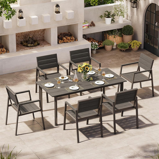 Outdoor Patio Dining Table Sets 7-Piece Aluminum and HDPS All-Weather Table and Chairs with Umbrella Hole, Patio Modern Furniture Sets for Garden, Backyard, Lawn, and Poolside, Charcoal