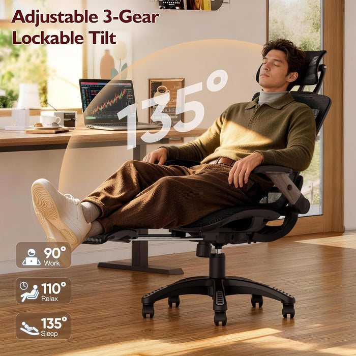 Ergonomic High-Back Office Chair with Footrest – Flip-Up Arms, 3D Headrest, 135° Recline, and Wide Mesh Seat with Lumbar Support. Rolling Swivel Task Chair for Gaming or Work, Sturdy, 300 LBS.
