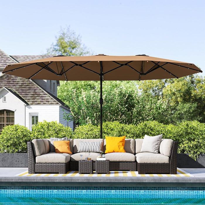 14.4Ft Large Patio Umbrella with 36 Solar LED Lights, Double Sided Outdoor Umbrella with Base Included