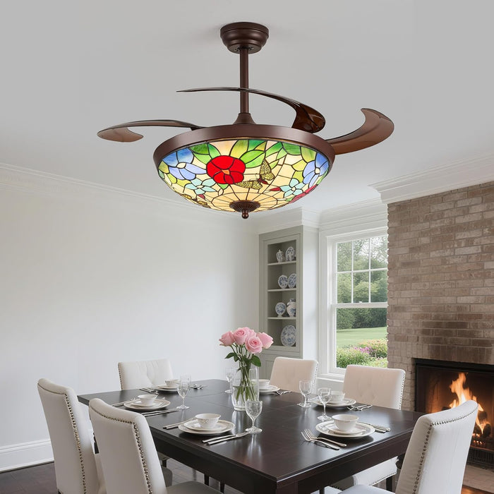 48" Tiffany Retractable Ceiling Fan with Light - (Garden, Brown)