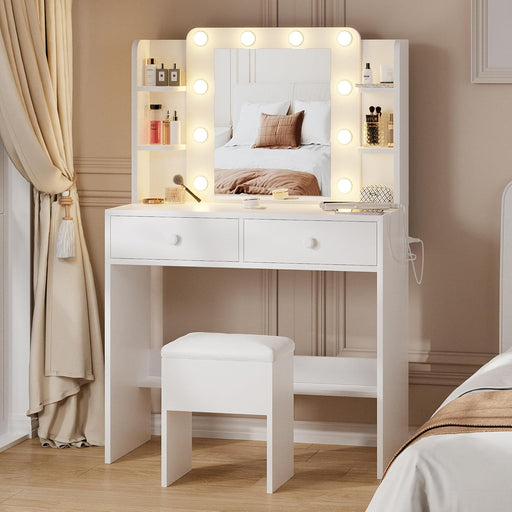White Vanity Desk with Mirror and Lights, Makeup Vanity with 10 LED Bulbs and 3 Color Modes, Dressing Table Set with Power Outlets, Storage Drawers and Chair for Bedroom