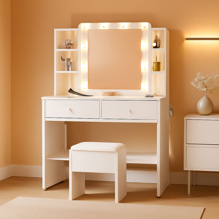 White Vanity Desk with Mirror and Lights, Makeup Vanity with 10 LED Bulbs and 3 Color Modes, Dressing Table Set with Power Outlets, Storage Drawers and Chair for Bedroom