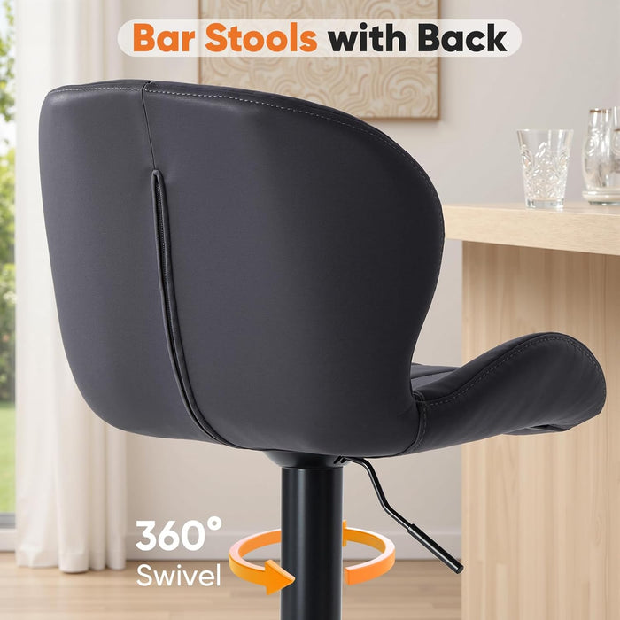Bar Stools Set of 4, Swivel Adjustable Height Fabric Bar Chair | Barstools Counter Height, Backrest, Armless, Upholstered, Modern, Kitchen Island, Dining Room, Black