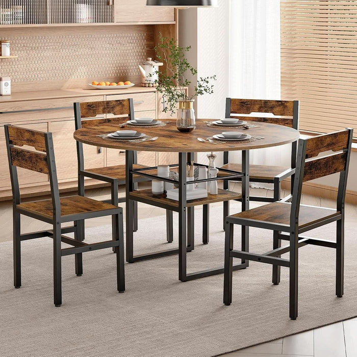 Round Dining Table Set for 4, 5-Piece Kitchen Table and Chairs with Storage Shelf, Circle Dinner Table Set with Wooden Tabletop & Metal Legs, for Kitchen & Dining Room, Rustic Brown and Black