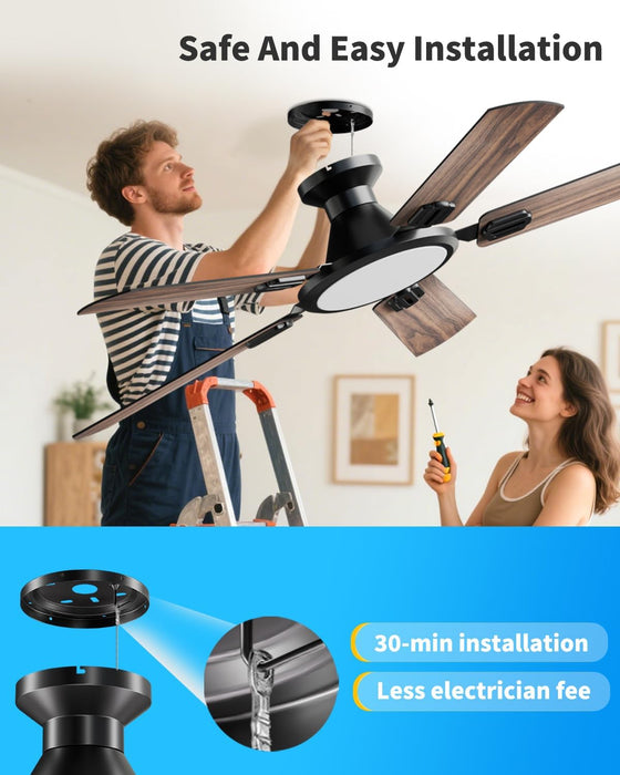 52" Low Profile Ceiling Fan with Light, Slim, Black, Flush Mount, DC Reversible Motor, 6 Speeds, Remote Control, Noiseless, Dimmable, LED Light, 3CCT, Modern Matte Black Ceiling Fan for Bedroom