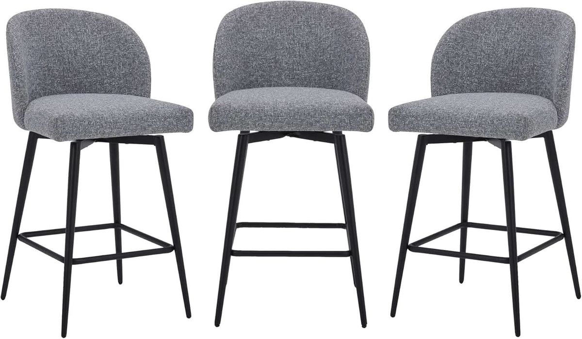 Counter Height Bar Stools Set of 3, 360° Swivel Upholstered Barstools with Backs and Metal Legs, 26" H Seat Height, Fabric in Grey (Multi-Colored)