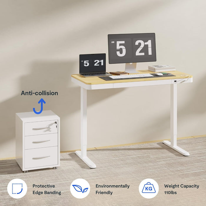 Comhar Electric Standing Desk with Drawers Charging USB Port, Height Adjustable 48" Whole-Piece Quick Install Home Office Computer Laptop Table with Storage (Maple Top + White Frame)