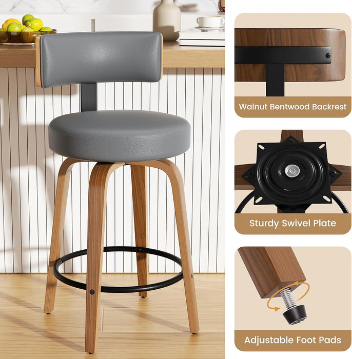 Swivel Bar Stools Set of 4, 26" Upholstered Faux Leather Counter Height Bar Stools with Back and Bentwood Legs, Mid Century Modern Bar Chairs Island Stools for Kitchen Counter, Dark Grey