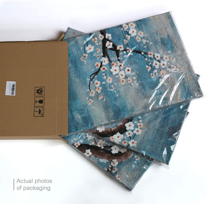 3 Piece Wall Art Hand-Painted Framed Flower Oil Painting on Canvas Gallery Wrapped Modern Floral Artwork for Living Room Bedroom Décor Teal Blue Lake Ready to Hang 12"X16"X3 Panel