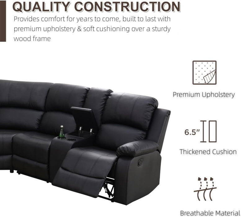 Manual Recliner Sectional Sofa Set, Bonded Leather L-Shaped Living Room Furniture Sets, Reclining Corner Couch with Drop-Down Table/Storage Console/Cup Holders for Home Office (Black, Sectional)