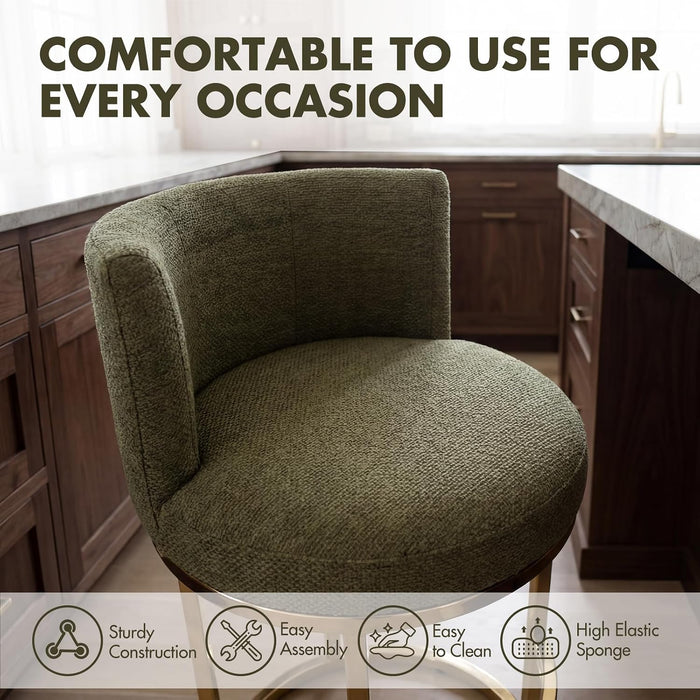 Counter Height Bar Stools Set of 2, Chenille Upholstered Barstools with Back, Modern Barrel Counter Stools for Kitchen Island with Gold Metal Frame, Green