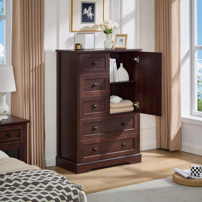 Farmhouse Dresser for Bedroom, Tall Chest of Drawers, Dark Cherry