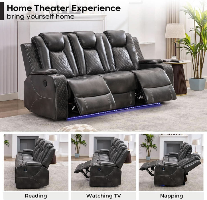 Power Reclining Sofa Couch with Wireless Charger, 3 Seaters with Recliner with Reading Light, Leather Electric 3 Seat Sofa Sectional Set for Living Room, Home Theater Seating with LED Lights, Grey