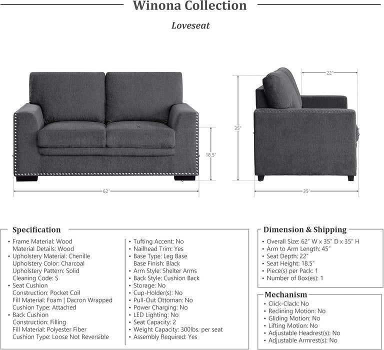 Living Room Furniture Set, Modern Couches for Living Room, Chenille Upholstered Couch Set, Including Sofa, Loveseat and Lounge Chair with Solid Wood Frame, 3-Piece Set, Charcoal​