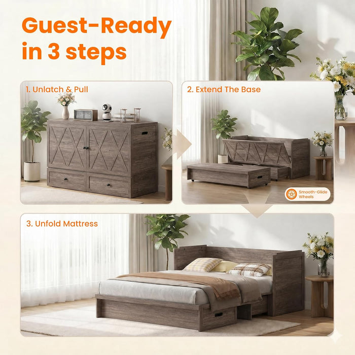 Murphy Bed Queen Mattress Included GreyFinish Drawer