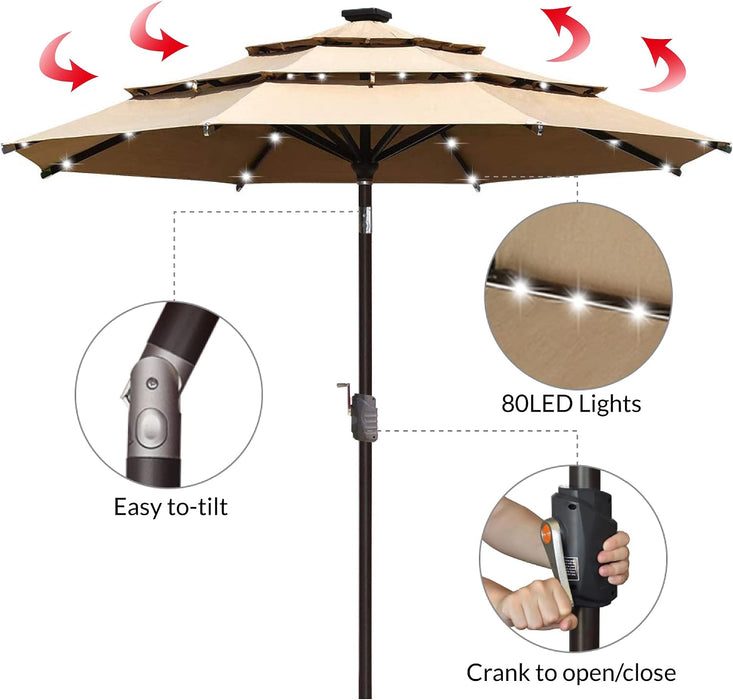 USA 10-Year-Non-Fading 9Ft 3-Tier Market Patio Umbrella, Commercial Table Umbrella with 80 Solar LED Lights, Crank Open, Windproof & UPF 50+ UV Protection for Garden, Deck, Pool, Backyard, Heather Beige