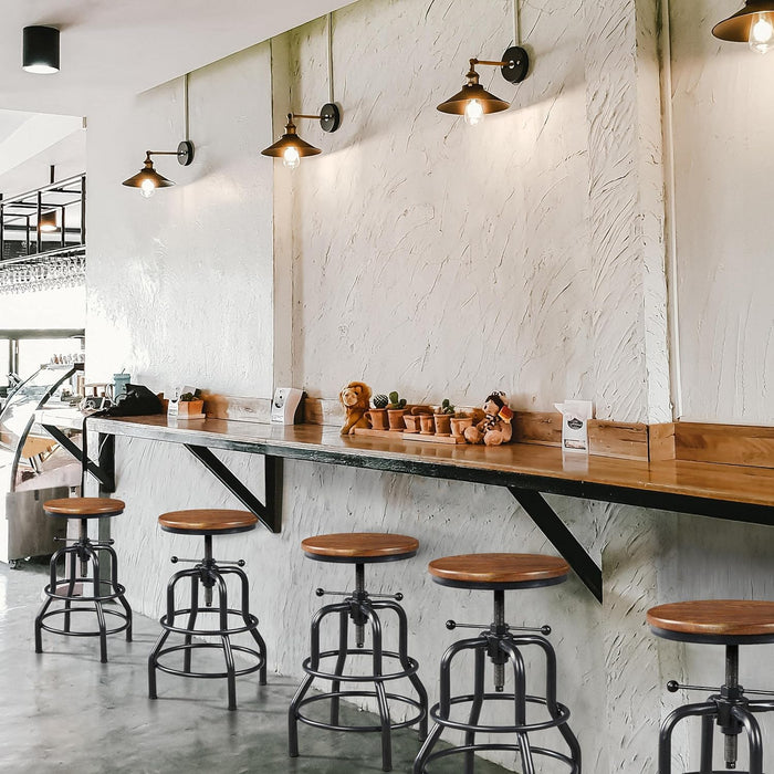 Industrial Bar Stool Vintage Counter Stool Rustic Counter Height Bar Stool Adjustable Metal Stool with round Wood Seat Kitchen/Dining/Cafe Chair 20-27 Inch Tall, Brown, 1PCS
