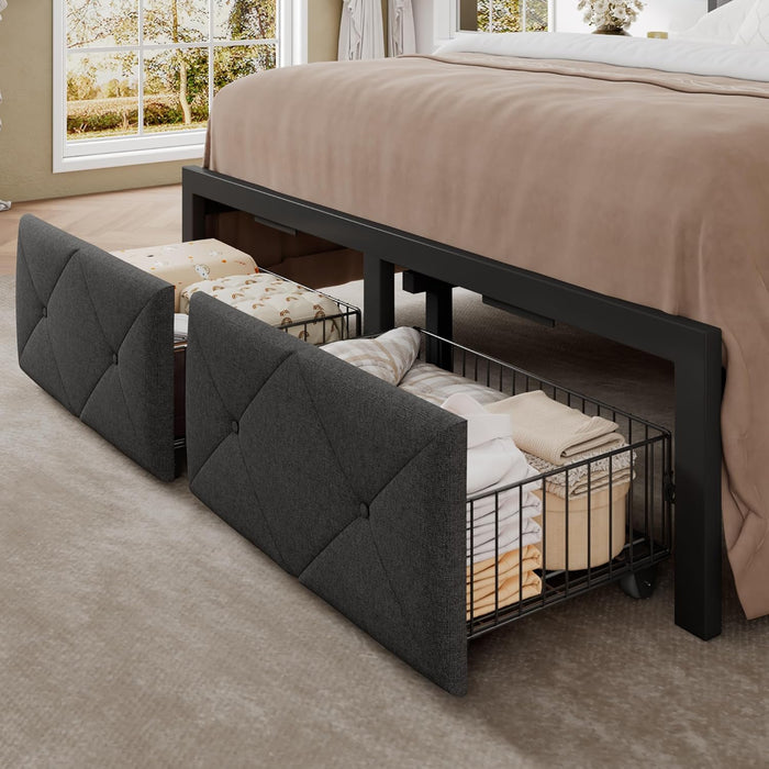Full Size Bed Frame with 2 Storage Drawers, Metal Platform Bed with Charging Station, Upholstered Button Tufted Storage Headboard, No Box Spring Needed, Noise-Free, Easy Assembly, Grey