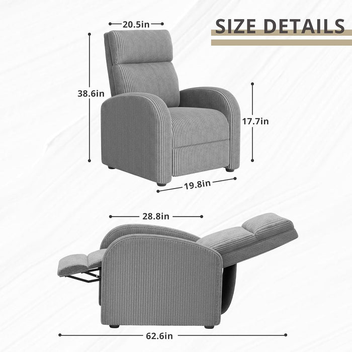 Recliner Chair Adjustable Home Theater Single Recliner Sofa Furniture with Thick Seat Cushion and Backrest Modern Living Room Recliners (Corduroy, Grey)