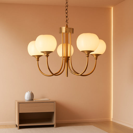 Goldtone Finish Five Lighting Milk Glass Chandelier