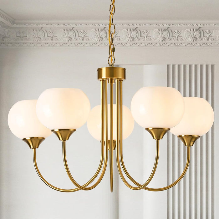 Goldtone Finish Five Lighting Milk Glass Chandelier