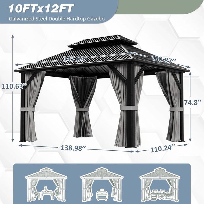 10'X12' Gazebo Hardtop Gazebo, Aluminum Pergola with Double Galvanized Steel Roof, Permanent Outdoor Metal Canopy with Curtain and Netting for Patio, Backyard, Deck,Grey