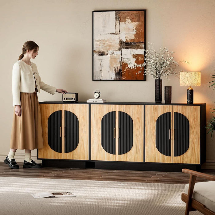 58" Fluted Modular Buffet Cabinet with Arched Doors & Gold Handles, Mid Century Modern Sideboard Credenza Storage with Adjustable Shelves, Wood Coffee Bar Console Table for Dining Living Room
