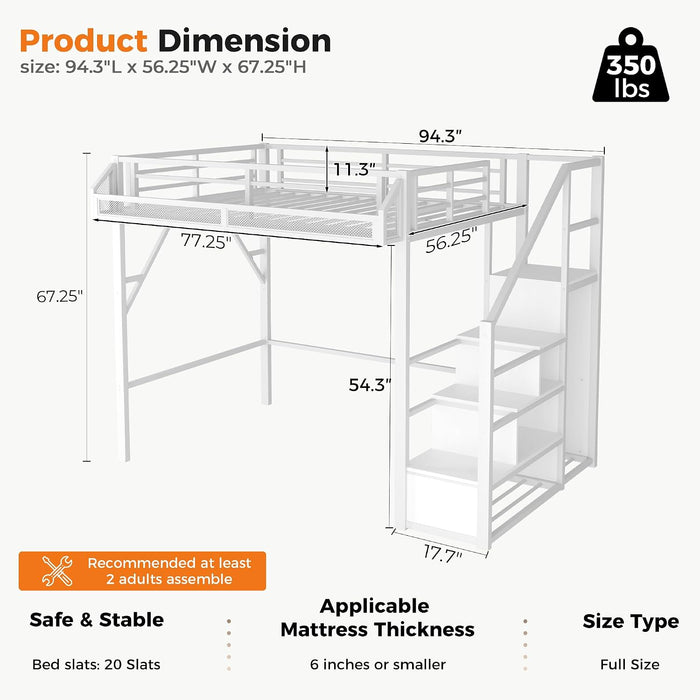 Full Size Loft Bed with Built-In Storage Stairs, Wardrobe, Metal High Loft Bed Frame with Sided Guardrail, Solid Slats, Space Saving Loft Bunk Bed Frame with Wardrobe for Kids Teens, White