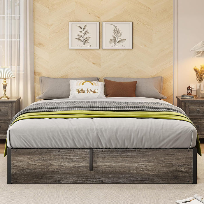 Lift up Storage Bed, Full Bed Frame with Storage Underneath, Wooden Platform Bed Frame, Solid Wood Slats Support, No Fixed Headboard, No Box Spring Needed, Rustic Grey
