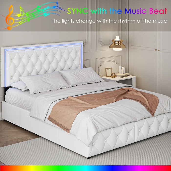 Queen LED Bed with 4 Drawers, LED Lights Platform Storage Bed Frame with Upholstered Adjustable Button Tufted Headboard, PU White