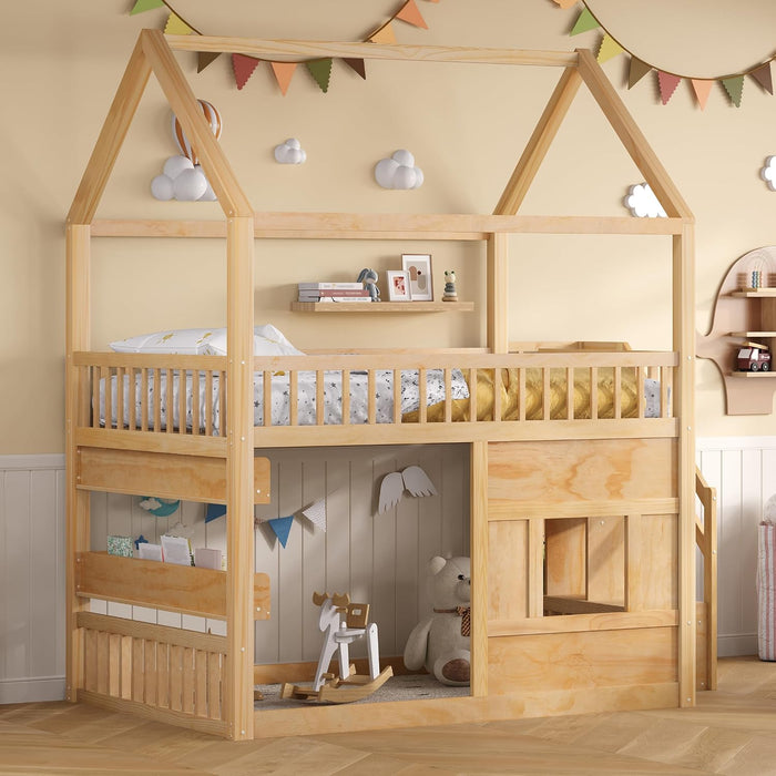 Full Size Natural Wooden House Bed With LED Lights