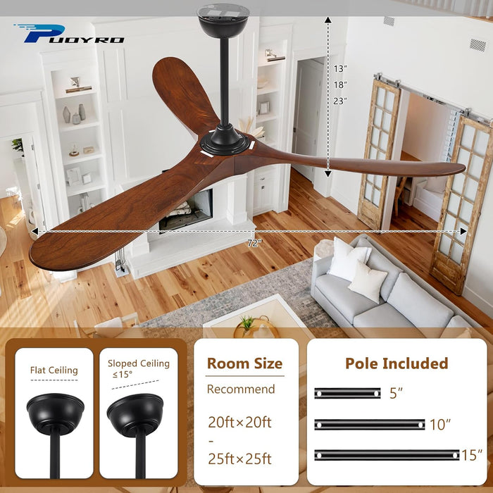 72 Inch Walnut Ceiling Fan Remote Dimmable Lighting Kit