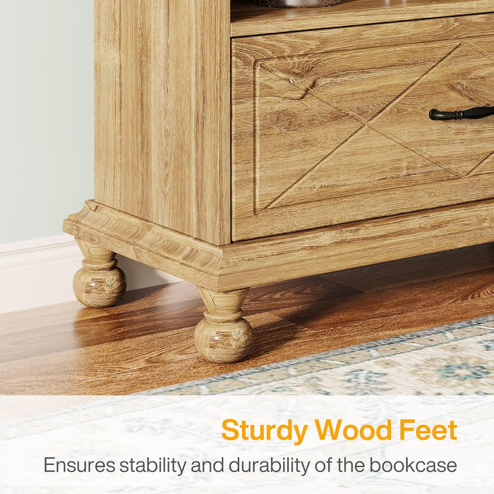 Tribesigns 6-Shelf Bookcase Set of 2, 71 Inch Tall Floor Standing Bookshelf with Drawer and Solid Wood Legs, 6-Tier Large Display Storage Book Shelves for Home Office, Oak