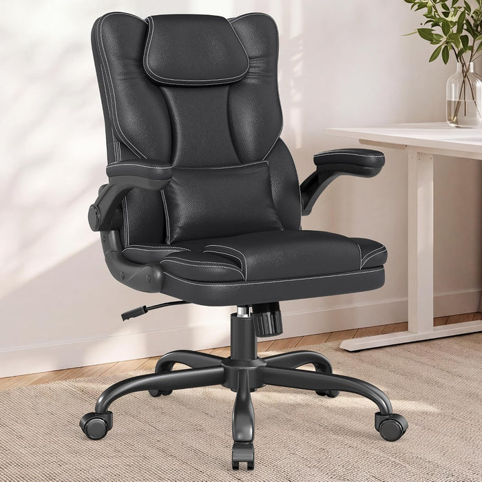 Ergonomic Office Chair Leather Desk Chair with Lumbar Support Flip up Arms