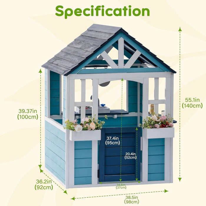Wooden Playhouse, Outdoor Kids Playhouse with Sink, Stove, Cookware, Flowerpot Holders, Snack Bar, Cottage Play House for Backyard, Blue