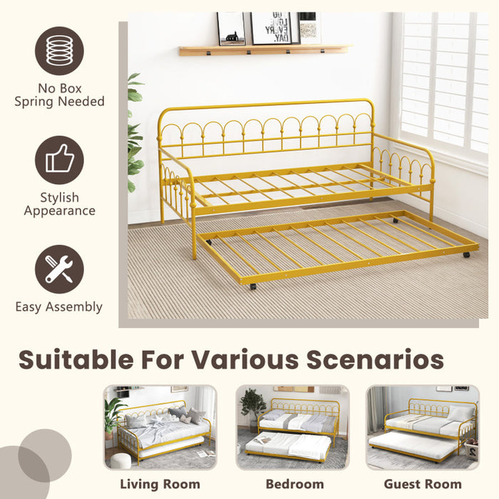 Twin Size Golden Metal Daybed with Trundle and Lockable Wheels