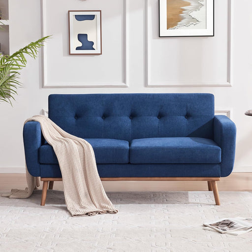 Dark Blue Mid-Century Loveseat: Solid Wood Frame, Button-Tufted