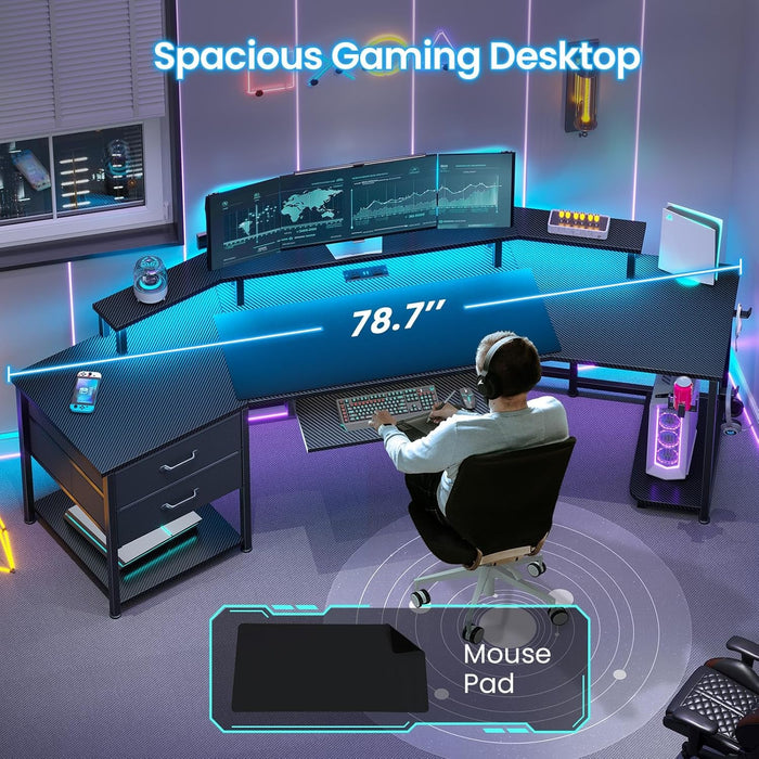 79 Inch Gaming Desk With LED Lights And Storage - ShipItFurniture