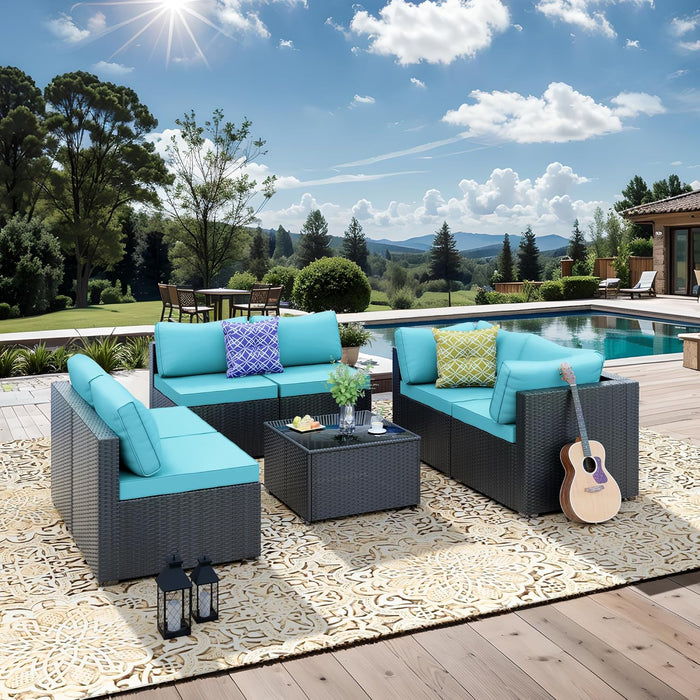 Patio Furniture Set, All-Weather Outdoor Sectional Patio Furniture Set Including 7-Seated Sofa, for Any Patio,Blue