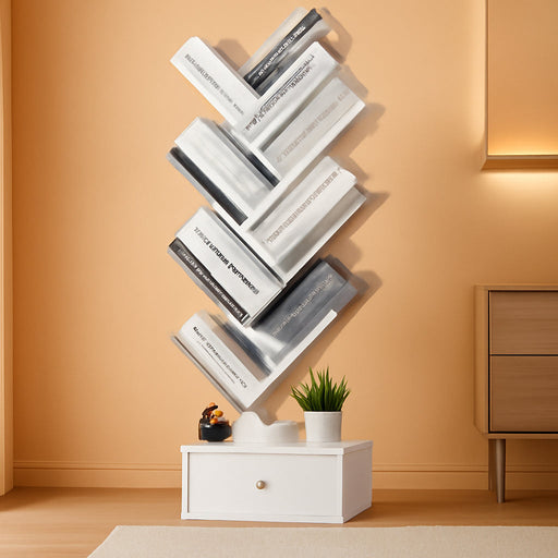 8 Tier Tree Bookshelf with Drawer, Free Standing Wood Bookcase for Living Room, Bedroom, Home Office, Space Saving Storage Organizer Bookshelves for Books, Cds, Vinyl Records- White
