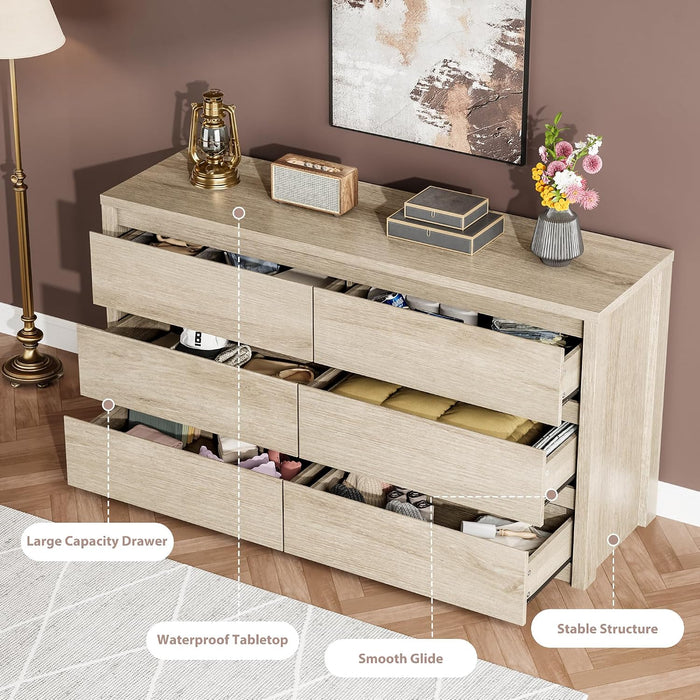6 Drawer Dresser for Bedroom, Wood Chest of Drawers Handle Free, Large Modern Dresser Storage Cabinet for Living Room, Hallway Entryway