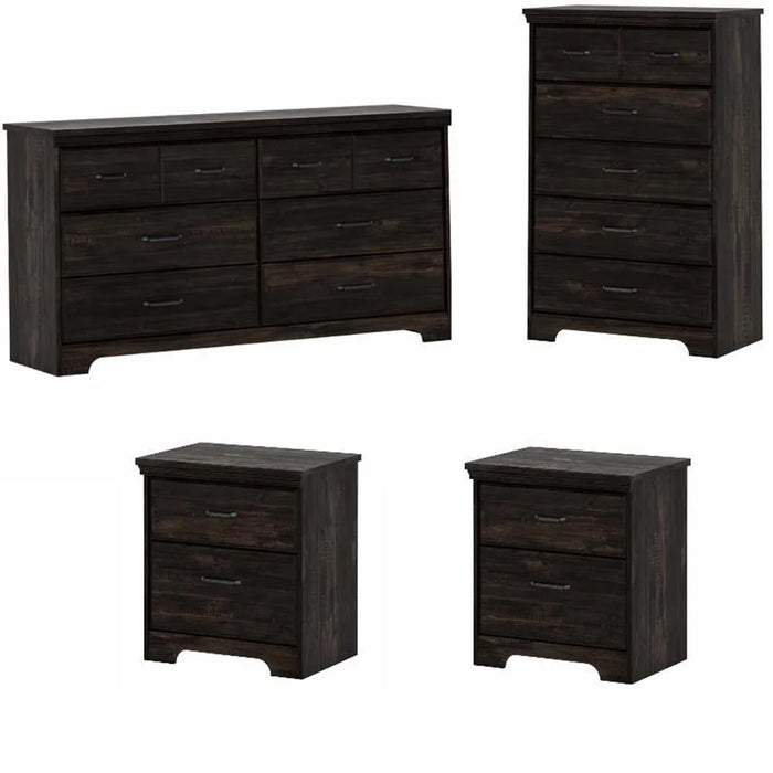 4 Piece Double Dresser Tall Chest and 2 Nightstand Bedroom Set in Rubbed Black