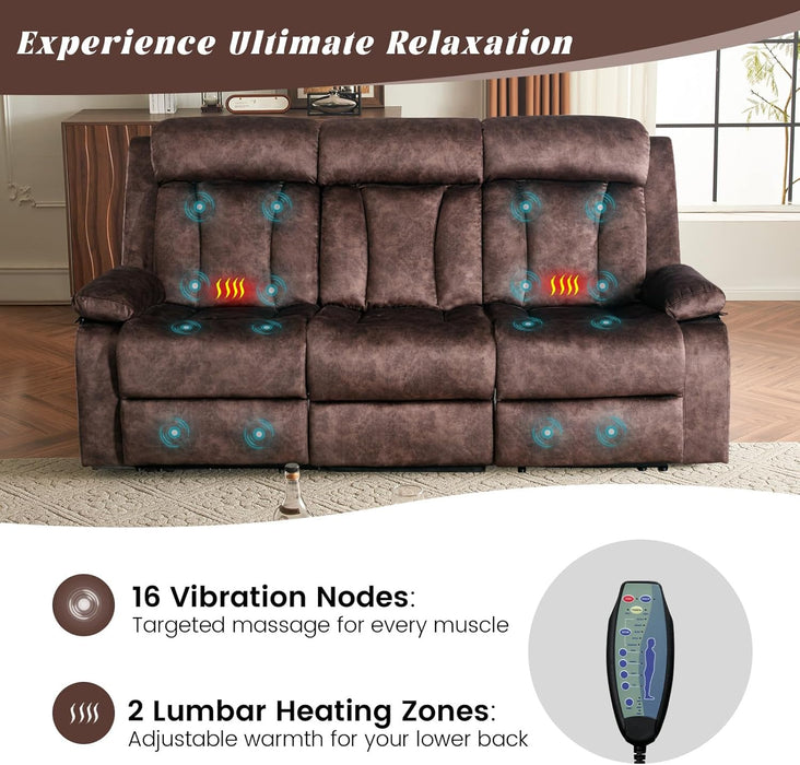 Electric Power Reclining Sofa Set - 3-Seater with Flip-Top Console & Massage Heat, Faux Leather Dual Recliner with USB Ports & Storage, Perfect for Living Room Comfort & Convenience (Brown)