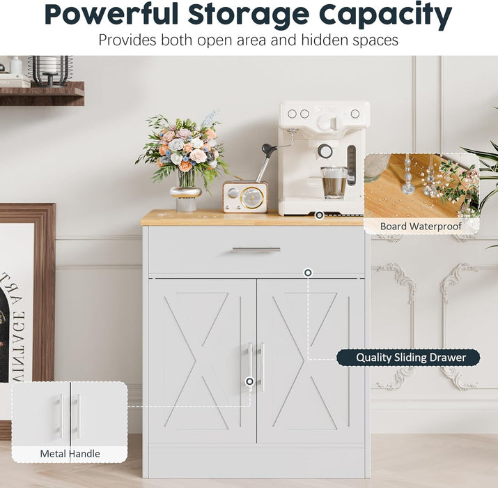 Kitchen Buffet Sideboard Cabinet, Wooden Storage Cabinet with 2 Doors & 1 Drawers, Modern Farmhouse Coffee Bar Cabinet with Storage for Living Room, Adjustable Shelf, White&Yellow