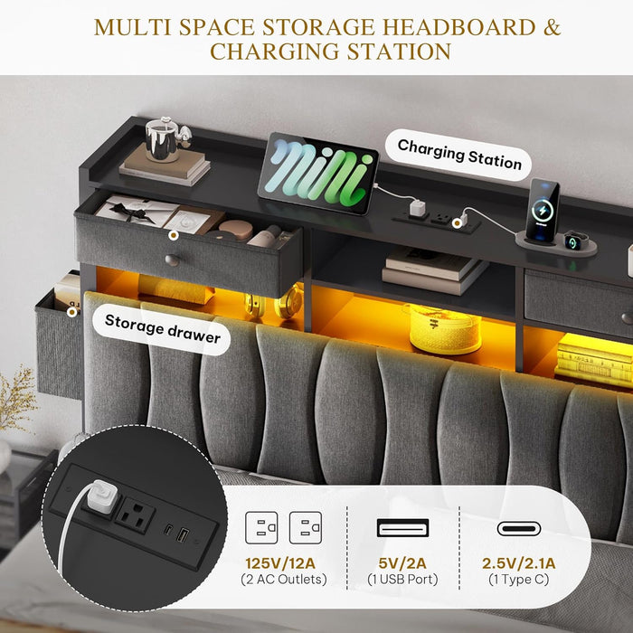 Queen Size with 2 Storage Drawers and Charging Station, Linen Upholstered Platform Bed with Storage Headboard and LED Light, Heavy Duty Metal Support, No Box Spring Needed, Noise Free, Dark Grey