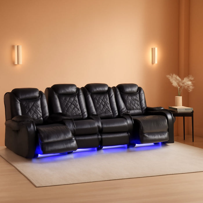 Power Recliner Set with LED Lights, Air Leather Reclining Set with USB Port/Wireless Charger/Storage Console/Cup Holder for House/Hometheater/Apt (Black, Sofa Loveseat Chair)