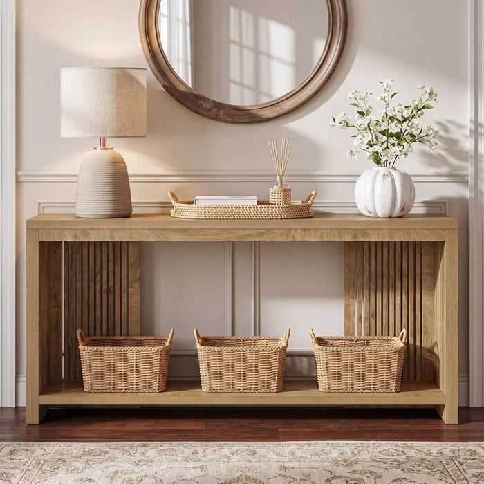 70.9-Inch Long Entryway Table with 2-Tier Storage, Farmhouse Narrow Sofa Console Table with Vertical Stripe Legs, for Entrance, Entryway, Hallway, Foyer, behind the Couch, Brown