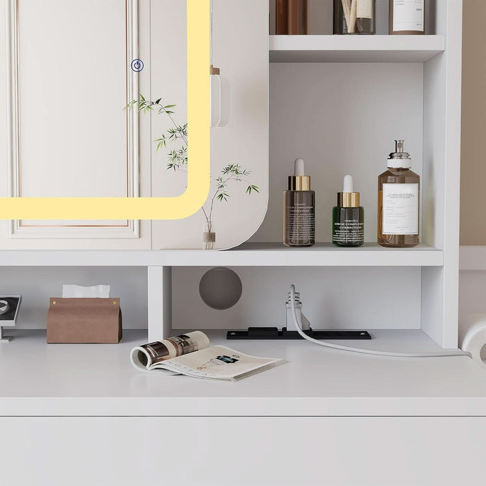 Vanity Desk with Sliding Mirror, Makeup Desk and Stool with Lights in 3 Colors, Girls Vanity Table with Charging Station, 2 Drawers & Storage Shelves for Bedroom, White